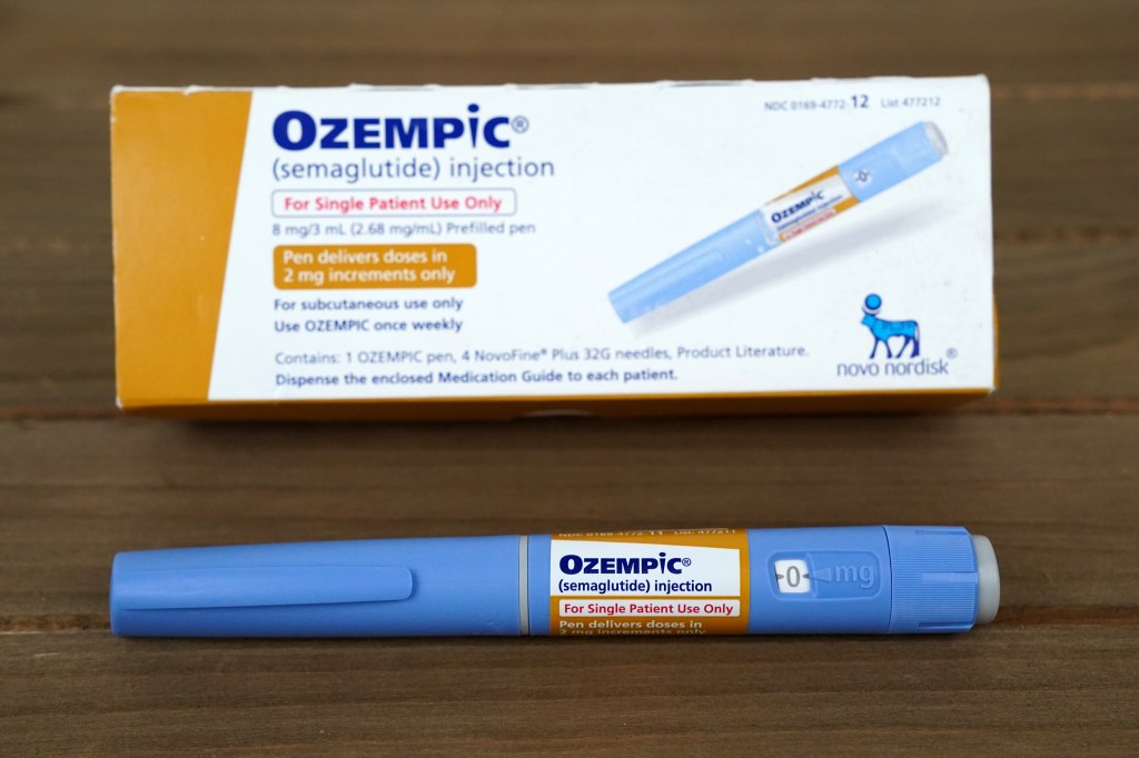 A general view of an Ozempic package and Ozempic injection applicator pen as seen in Hawthorne, NJ on April 14, 2024.